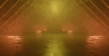 Fantasy Magical Basement Hangar Corridor Warehouse Club Dance Studio Showroom With Light And Smoke Foggy Scene Copper Brown or Yellow Banner Background 3D Renderingの写真素材