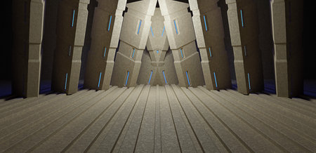 OuterSpace Garage Tunnel Underground With Cement Concrete Floor Spotlight Baby Blue Banner Background Pedestal Concept For Showroom Studio Montage 3D Illustrationの写真素材