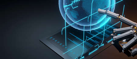AI, Machine learning, Hands of robot and human touching on big data network connection background, Science and artificial intelligence technology, innovation and futuristic 3d renderの写真素材