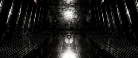 Robotic SciFi Reflective Metal Underground Tunnel Room Lighted Light Grey Banner Background Concept...