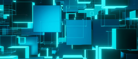 Futuristic Abstract Background Concept Communication Technology Network Background With Boxes And Lines Bright Blue Banner Background Wallpaper 3D Illustrationの写真素材
