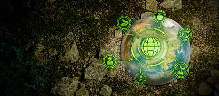Happy Earth Globe With Network Connection And ESG Icons. Environment Social And Governance In Sustainable And Ethical Business Illustrative Banner Background 3D Renderの写真素材