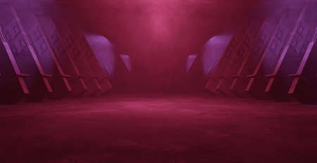 Celestial Alien Neon Lights Grunge Sci Fi Stage Laser Showroom Tunnel Corridor Underground Garage Car Room Cement Asphalt Concrete Mysterious Maroon Brown Banner Background 3D Renderの写真素材