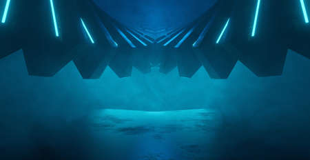 Extraordinary Cyberpunk Mysterious Volumetrics Deep Blue Green SciFi Corridor Hallway Hangar Interior Background Wallpaper 3D Renderingの写真素材