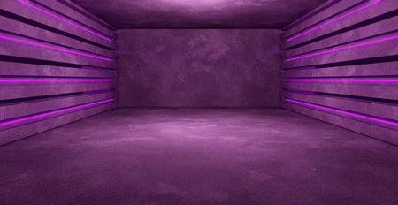 Computerized Inter Galactic Underground Hangar Tunnel Garage Realistic Background Showroom Violet Banner Background Space Age Concept 3D Renderingの写真素材