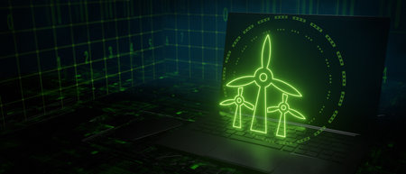 Wind energy clean electricity renewable energy, environmental protection concept. Wind Turbine glowing . 3D Renderの写真素材