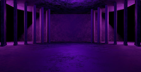 Rough Grungy Rusty Showroom Studio Room Interior Dark Purple Banner Background 3D Illustrationの写真素材