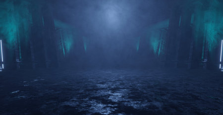 Mysterious Cinematic Scene SciFi Corridor Hallway Hangar Interior Background Wallpaper 3D Renderの写真素材