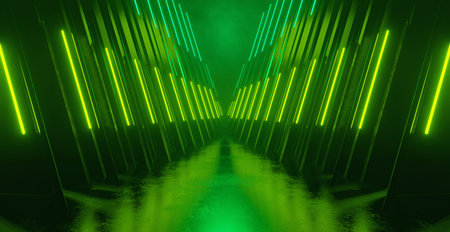Green Alien Room Futuristic Background Underground Hall Corridor Tunnel Led Lights Laser 3D Illustrationの写真素材