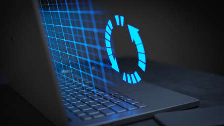 Loading digital technology on a dark laptop with hologram effects 3D Renderの写真素材