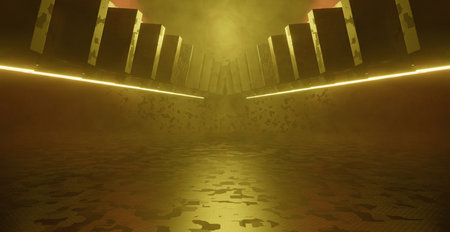 Yellow Copper Room Background Underground Hall Corridor Tunnel Led Lights Laser 3D Illustrationの写真素材