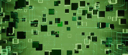 Futuristic Abstract Background Frame of Glowing Green Cubes 3D Illustrationの写真素材