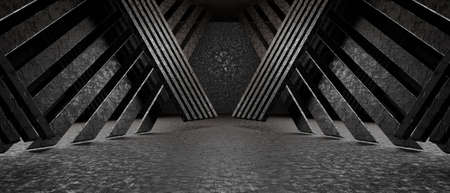 Futuristic Tech Metal Club Showroom Cyber Hangar Warehouse Deep Grey Background Wallpaper 3D Renderingの写真素材