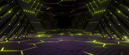 Abstract 3D Light Shapes On Black Background And Reflective Concrete With Empty Space For Text...