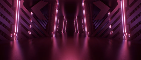 Creative Alien Reflective Concrete Corridor Tunnel Empty Room Inspiring Purple Pink Banner Background Product Display 3D Renderingの写真素材