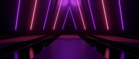 Luxurious And Elegant Abstract Illuminated Corridor Interior Design Neon Bright Purple Banner Background Product Display 3D Illustrationの写真素材