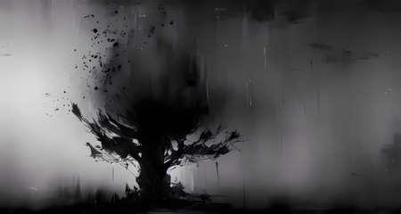 Abstract Spooky Halloween tree with splatter, Scary dark background. Digital art painting for book illustration,background wallpaper, concept art.の写真素材