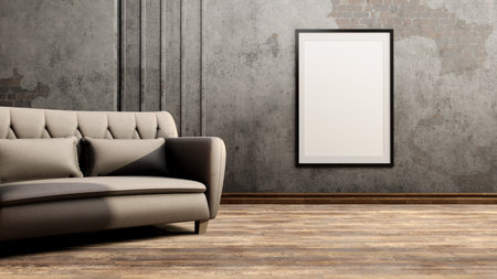 Old Wall Background With Cozy Gray Sofa And Wall Frame. Minimalist Interior Design In Living Room. 3D Renderの写真素材