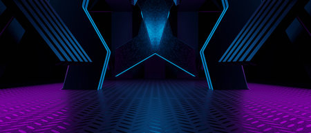 Amazing Interior Design For Movie Or Background Neon Dark Blue Used As Banner Background Wallpaper 3D Renderingの写真素材