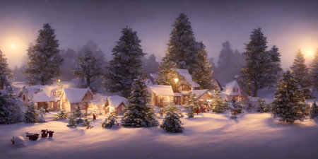 A Night Scene Of A Snowy Village With Christmas Trees, Mind Blowing Banner Background Wallpaper. Book Or Game Digital Illustration.の素材