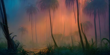A Painting Of Palm Trees In A Foggy Forest, Breathtaking Illustration Background Wallpaper. Game Art Concept Digital Illustration.の素材