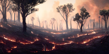 A Fire Burning Through A Forest Filled With Lots Of Trees, Mind Blowing Representation Banner Background Wallpaper. Epic Digital Art Style Illustration.の素材