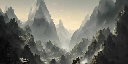 A Painting Of A Mountain Scene With A Man On A Horse, Delightful Concept Background. Epic Concept Art Style Illustration.の素材