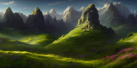 A Painting Of A Lush Green Valley With Mountains In The Background, Incredible Concept Concept Background. Digital Art Style Illustration.の素材