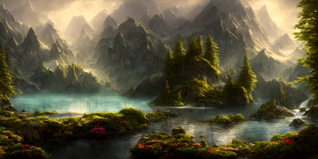 A Painting Of A Mountain Lake Surrounded By Trees, Fantastic Concept Background. Book Or Game Digital Illustration.の素材