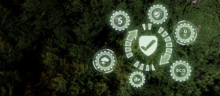 ESG icon concept. Environment, society and governance. Energy of natural gas sustainable and ethical business on network connection on green backgroundの写真素材