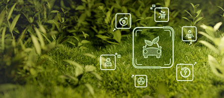 Ecology concept illustrated by a picture on a background of green grassの写真素材