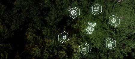 Concept of green economy with icons on the trees in the forestの写真素材