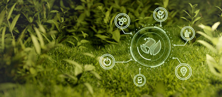 Concept of environmental protection with icons on green grass in the gardenの写真素材