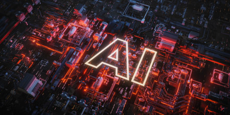 A glowing 3D AI icon sits atop a futuristic motherboard, symbolizing innovation, data processing, and advanced digital technology.の写真素材