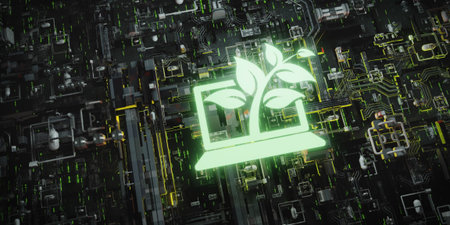 A glowing 3D icon of a plant emerging from a laptop symbolizes green computing and environmental innovation on a dark, futuristic circuit background.の写真素材