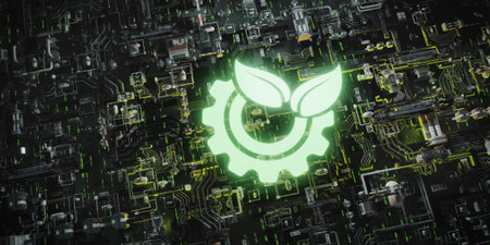 A glowing 3D icon of a gear and leaves symbolizes sustainable industry and green technology, set...