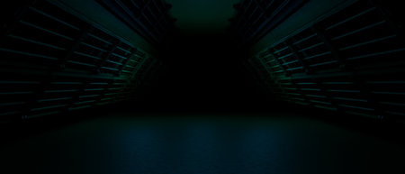 Dark, futuristic corridor with metallic grid structures and subtle teal lighting. Ideal for sci-fi,...