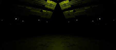 Dark, symmetrical futuristic corridor.  Glowing green lights illuminate metallic, geometric...