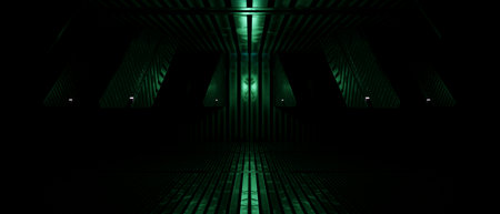 Dark, metallic green spaceship or station interior with glowing lights, symmetrical design, and...
