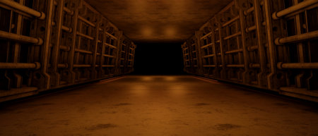 A 3D rendering of a dark, metallic futuristic corridor.  Features geometric wall panels and subtle orange lighting. Ideal for sci-fi, industrial, or technology-themed projects.  Creates a mood of mystery and exploration.の写真素材