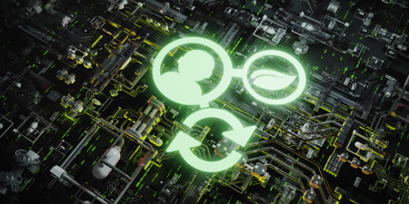 Glowing 3D icons for recycling and environmentalism hover over a futuristic digital circuit, symbolizing green technology and sustainable innovation.の写真素材