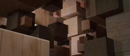 A dynamic composition of geometric blocks with natural wood grain and textured surfaces creates an...