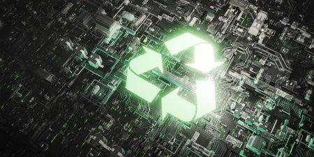 A glowing 3D recycling icon symbolizes sustainability and green energy, integrated into a complex digital technology background representing innovation.の写真素材
