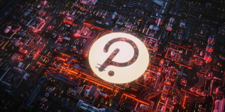 A glowing 3D cryptocurrency logo illuminates a complex digital motherboard, symbolizing blockchain technology, fintech innovation, and a decentralized network.の写真素材