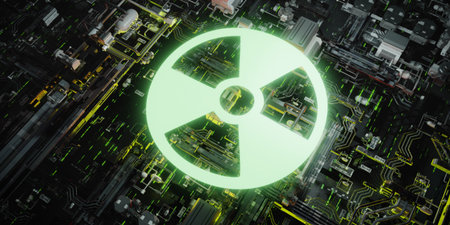 A glowing 3D radiation icon symbolizes nuclear energy or a digital threat, rendered over a complex futuristic circuit board with data streams.の写真素材