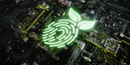 A glowing 3D fingerprint leaf icon symbolizes sustainable innovation and green identity on a futuristic digital circuit board background.の写真素材