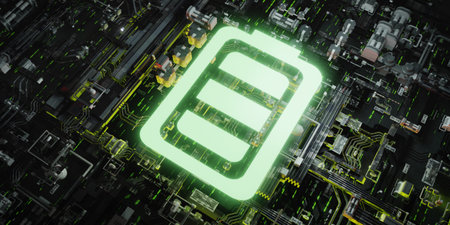 A 3D render of a glowing green battery icon on a futuristic circuit, symbolizing renewable energy storage and sustainable digital transformation.の写真素材