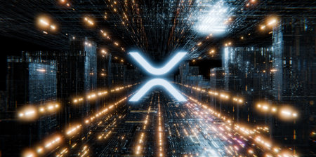 A glowing 3D cryptocurrency icon symbolizes digital finance and innovation, soaring through a futuristic city of data streams and network circuits.の写真素材