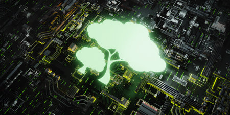 Futuristic 3D render of a luminous green tree icon on a motherboard, representing sustainable energy...