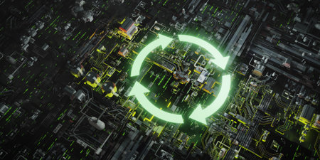 A glowing 3D recycling icon symbolizes sustainable technology, floating above a complex futuristic...
